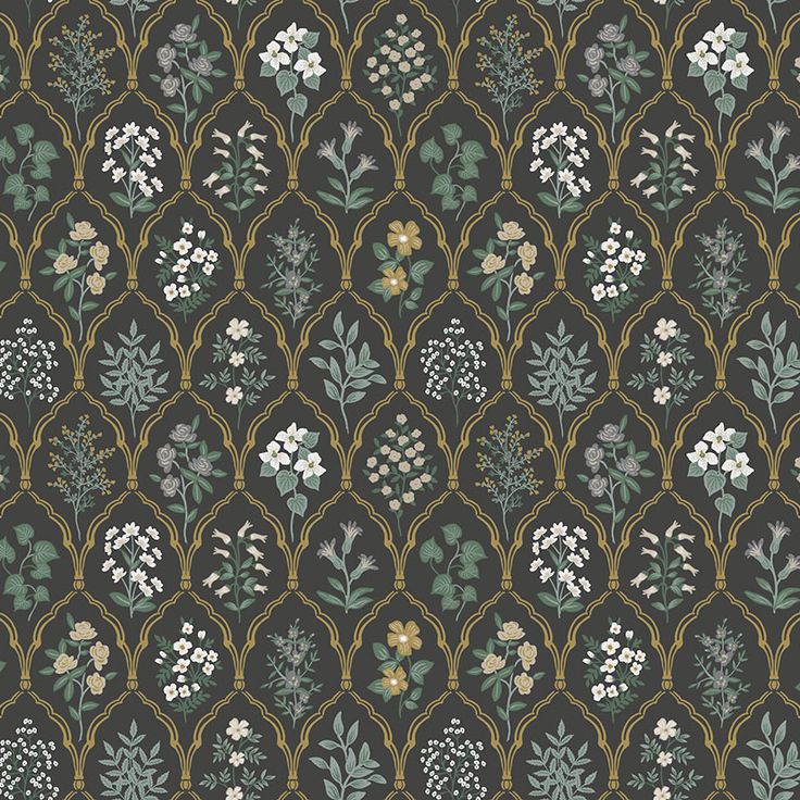 an art deco wallpaper with flowers and leaves in green, white, yellow and brown colors