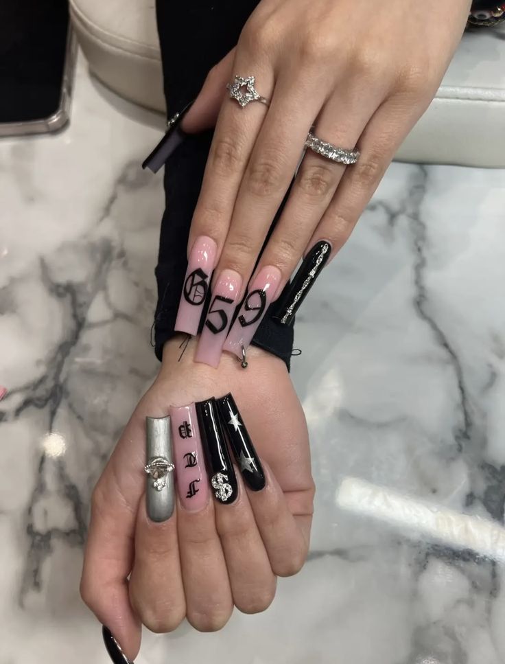 Pretty Nail Ideas Acrylic Black, Rapper Nails Ideas, 21 Savage Nails Inspiration, American Nails Designs, $ui̇ci̇deboy$ Nail Ideas, G59 Nails Simple, Grey59 Nails, Sb Nail Ideas, Grey 59 Nails