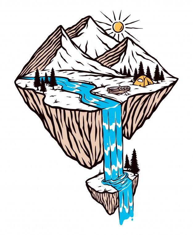 a drawing of a mountain with a river running through it