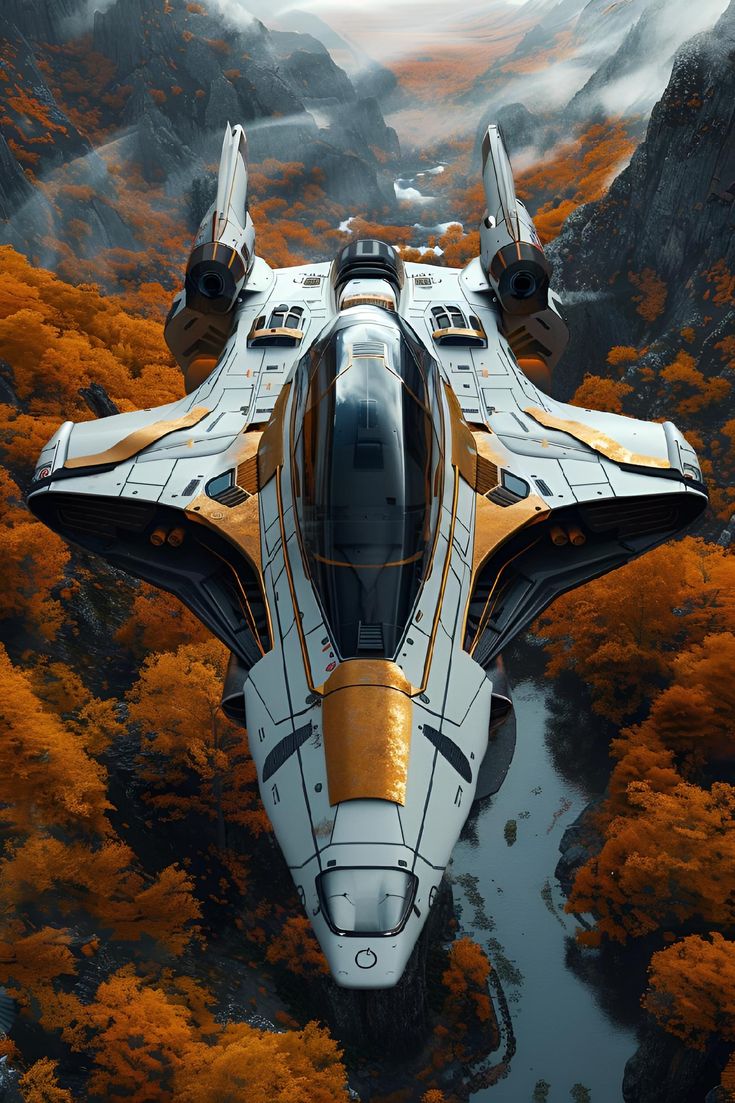 an artist's rendering of a space ship flying through the sky over mountains and trees