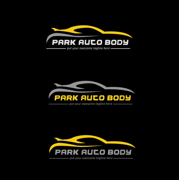 four different logos with the words park auto body in yellow and white on black background