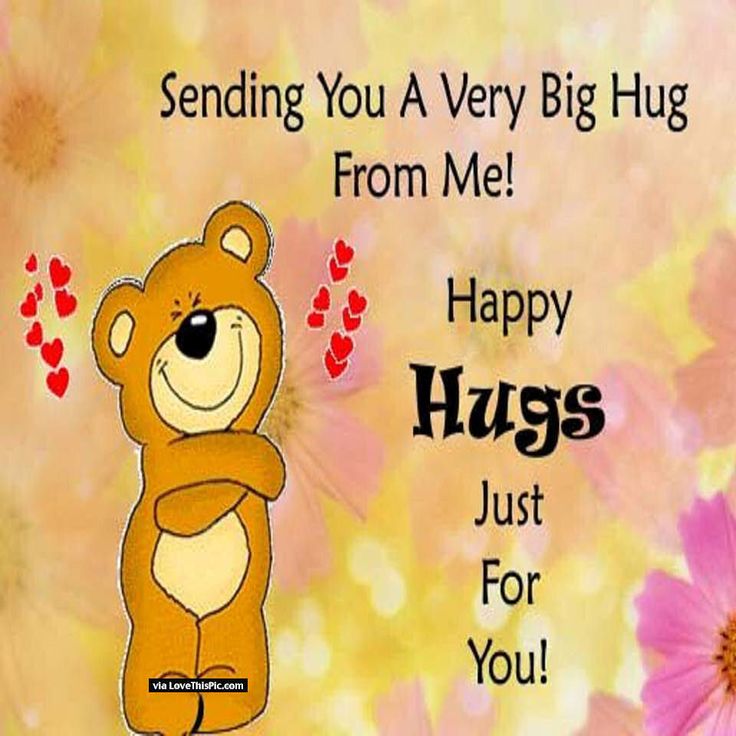 a happy hug day card with a teddy bear and pink daisies in the background