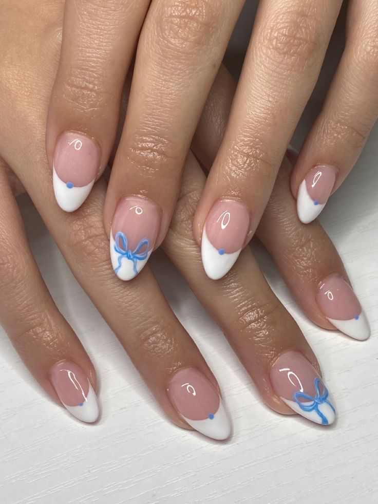 Girly Acrylic Nails, Summery Nails, Soft Nails, Funky Nails, Pretty Acrylic Nails, Short Acrylic Nails, Blue Bow, Cute Acrylic Nails, Blue Nails