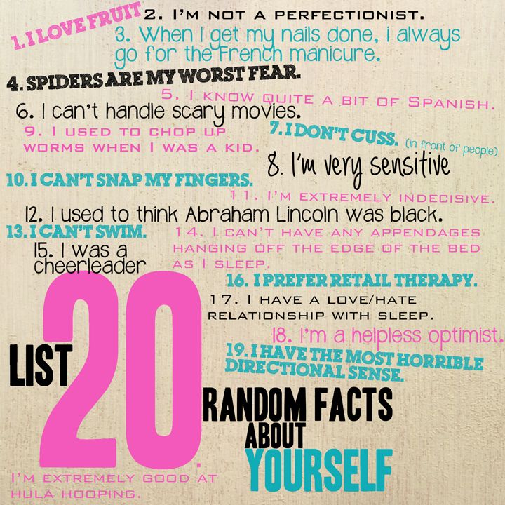 a poster with the words list 20 random things about yourself written in pink and blue