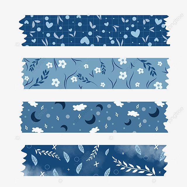 four different blue and white patterns with leaves, flowers, hearts, clouds png and psd