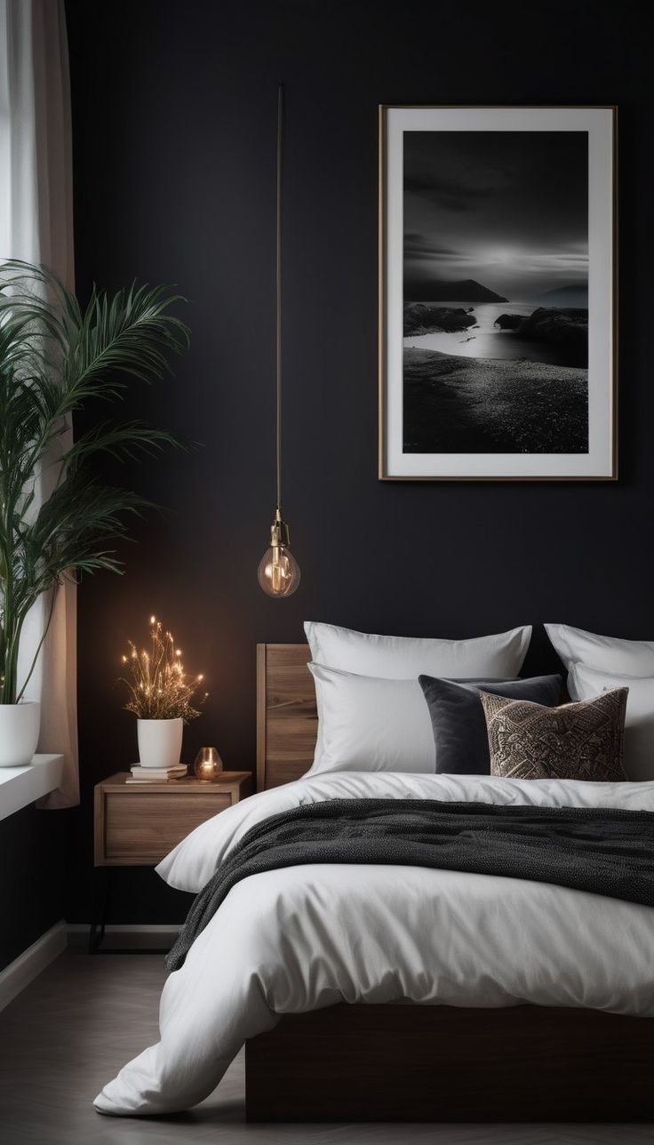 a bedroom with black walls and white bedding