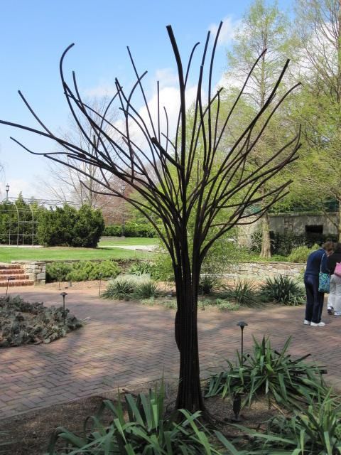 two people are standing in the middle of a park area with trees and flowers around them