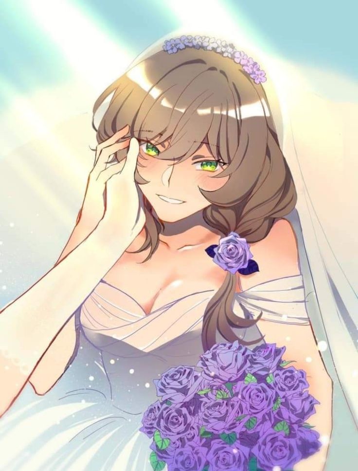 a woman in a wedding dress holding a bouquet of purple roses and looking at the camera