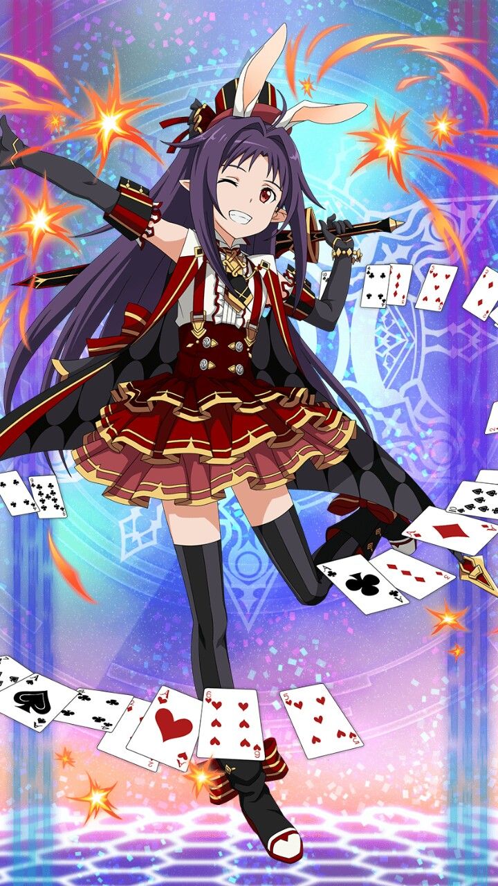 an anime character in a dress with cards and playing cards on her feet, while she is