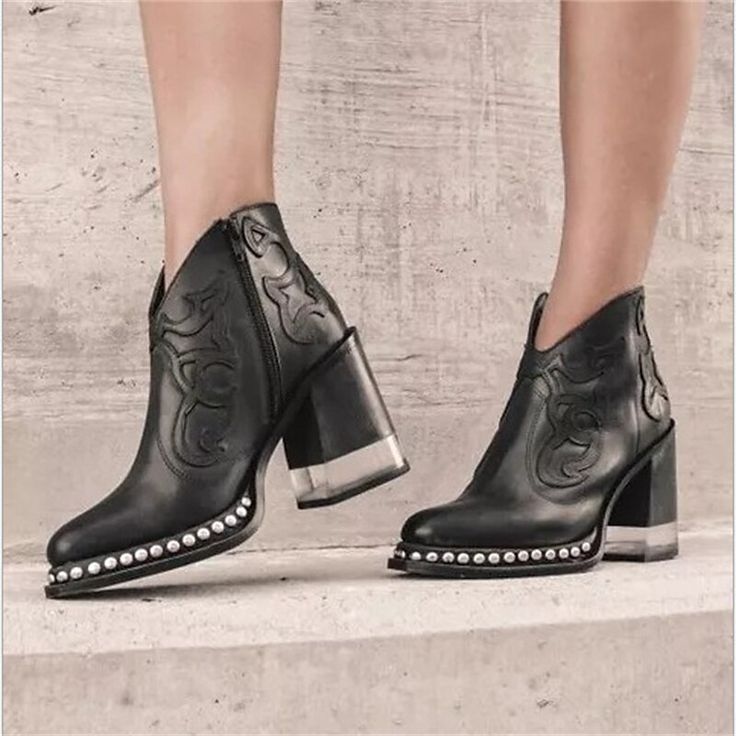 Category:Boots; Upper Materials:PU Leather; Embellishment:Rivet; Season:Fall,Winter; Heel Type:Chunky Heel,High Heel; Gender:Women's; Toe Shape:Pointed Toe; Type:Booties Ankle Boots; Style:Elegant,Minimalism; Heel Height(inch):>5; Outsole Materials:Non-Slip Tread,TPR; Occasion:Daily,Outdoor; Closure Type:Zipper; Listing Date:09/28/2022; Production mode:External procurement; 2024 Trends:Plus Size; Foot Length:; Foot Width:; Size chart date source:Provided by Supplier.; US Size:null; UK Size:14.5; Cowboy Ankle Boots, Pointed Boots, Botas Chelsea, Black High Heel Boots, Orthopedic Shoes, Low Heel Shoes, Boots Women Fashion, High Heel Boots Ankle, Leather Shoes Woman