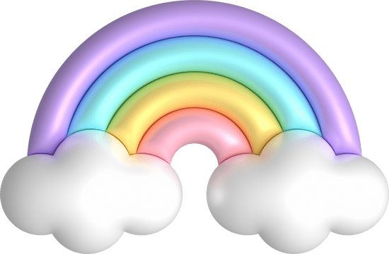 a rainbow with white clouds in the foreground and blue, yellow, pink, green, orange