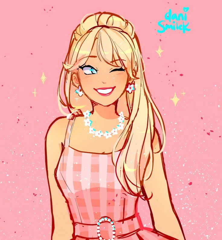 a drawing of a blonde girl with blue eyes and long hair wearing a pink dress