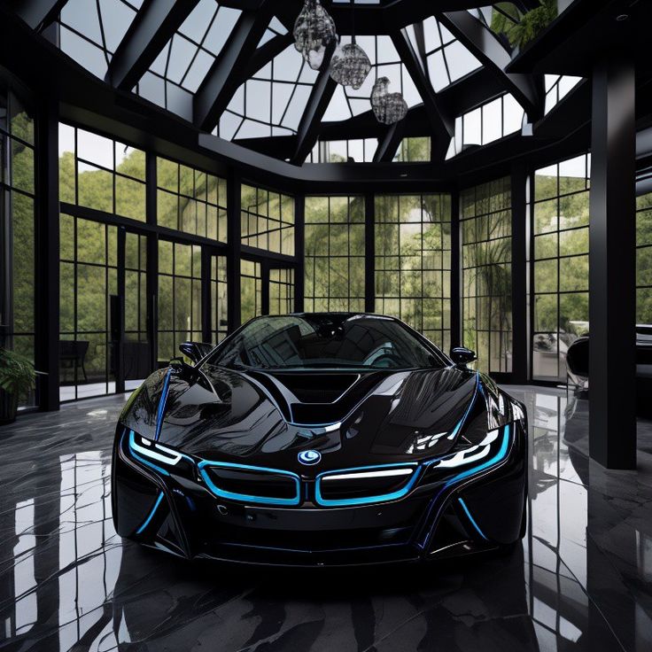 a black and blue bmw sports car parked in a room with large windows on the ceiling