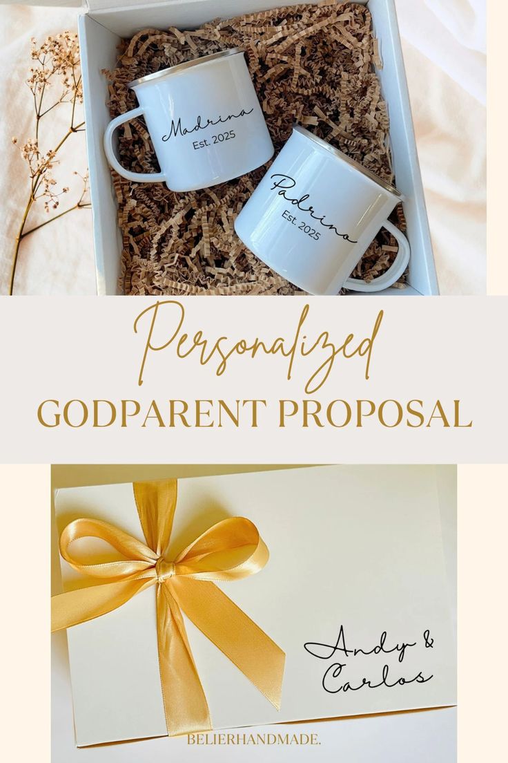 two personalized coffee mugs in a gift box with the words,'personalized godparent proposal '