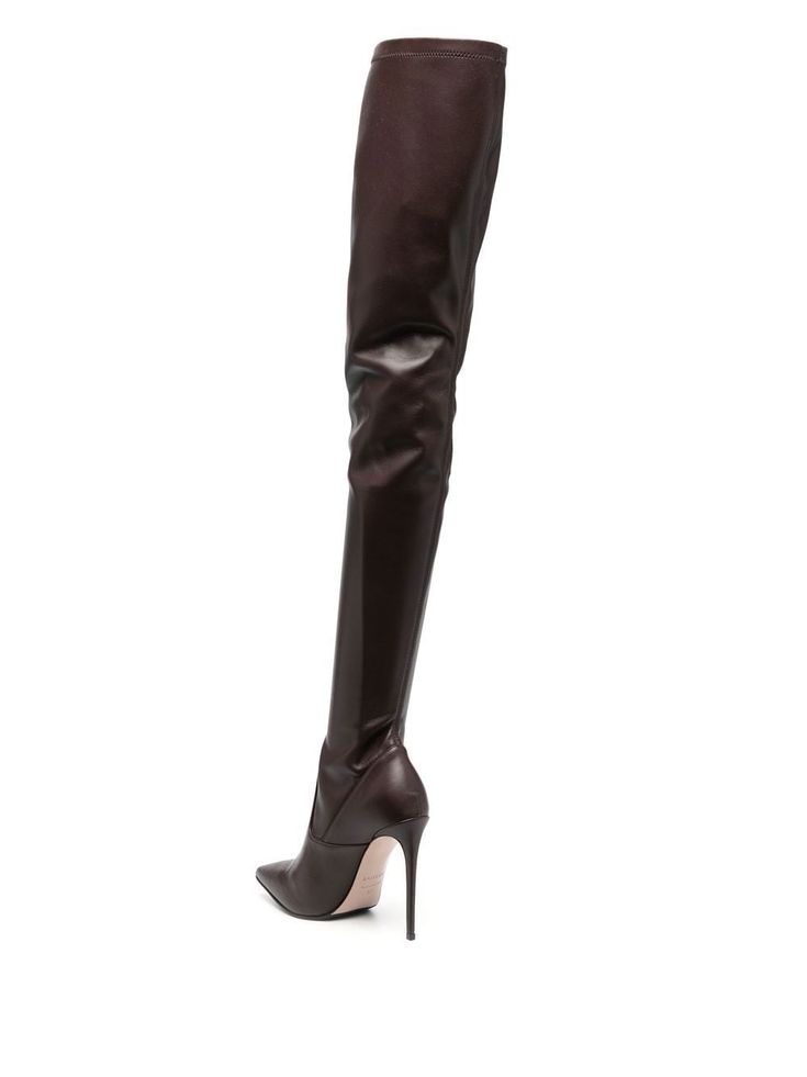 Elegant Brown Knee-high Boots, Elegant Brown Thigh High Heeled Boots, Fitted Knee-high Calf Leather Boots For Party, Fitted Calf Leather Knee-high Boots For Party, Elegant Over The Knee Calf Leather Boots, Elegant Over-the-knee Calf Leather Boots, Elegant Brown Knee-high Boots For Evening, Elegant Brown Knee-high Boots With Sculpted Heel, Brown Leather Thigh High Heeled Boots