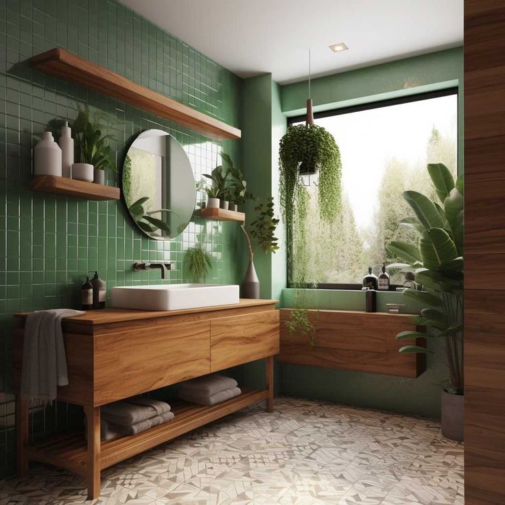 a bathroom with green tiles and wooden shelves, plants in the window above the sink