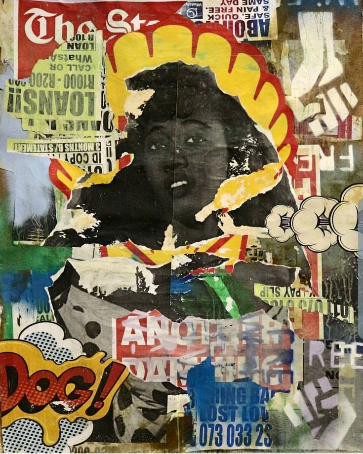 a collage of various pictures and words on a piece of paper with the image of a woman's face