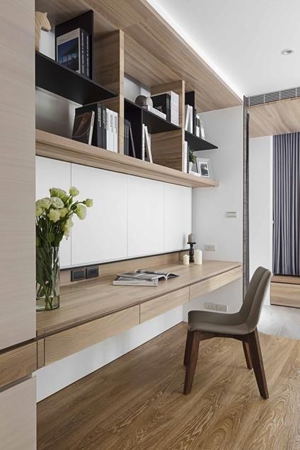 a chair sitting on top of a wooden floor next to a desk and bookshelf