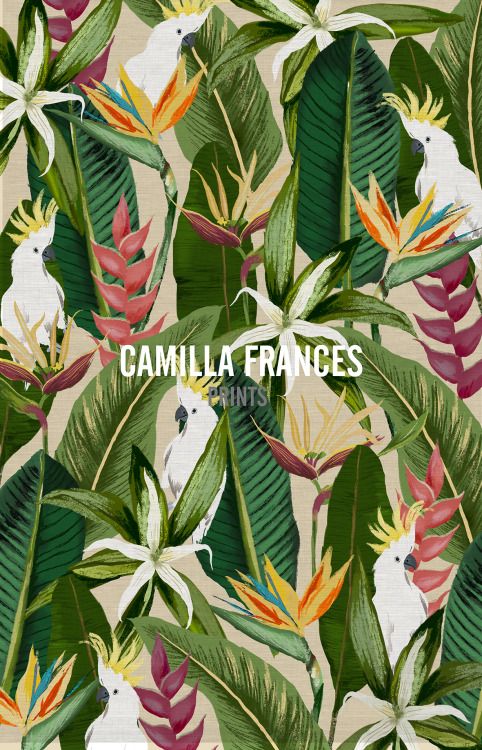 an image of a tropical print with leaves and flowers on it that says camila francess