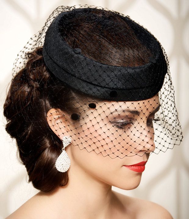 Black Bridal Cocktail Hat, Dotted Black Veil, Vintage 1940 Wedding Hat with Birdcage Veil - One of a Kind - KAT. Black Wedding Veil, Veiled Hats, Bridal Hat, Black Bridal, Birdcage Veil, Elegant Hats, Wedding Fascinators, Cocktail Hat, Fancy Hats