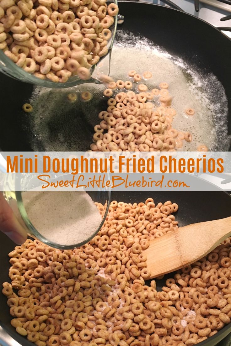 two pictures showing how to make mini doughnut fried cheerios in a skillet