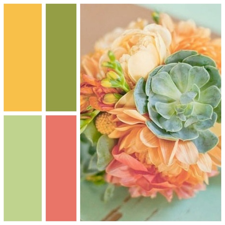 an image of a bouquet with flowers in it and the color scheme is orange, green, yellow