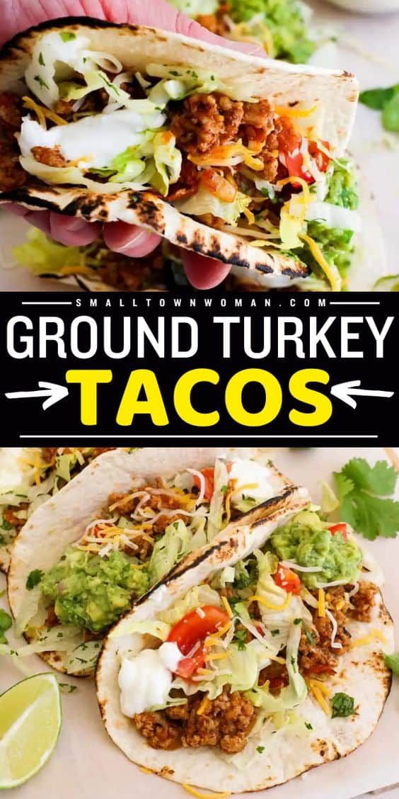 ground turkey tacos with guacamole and lime