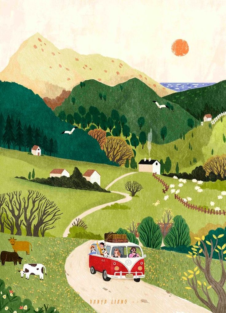 a car driving down a country road with cows grazing on the grass and hills in the background