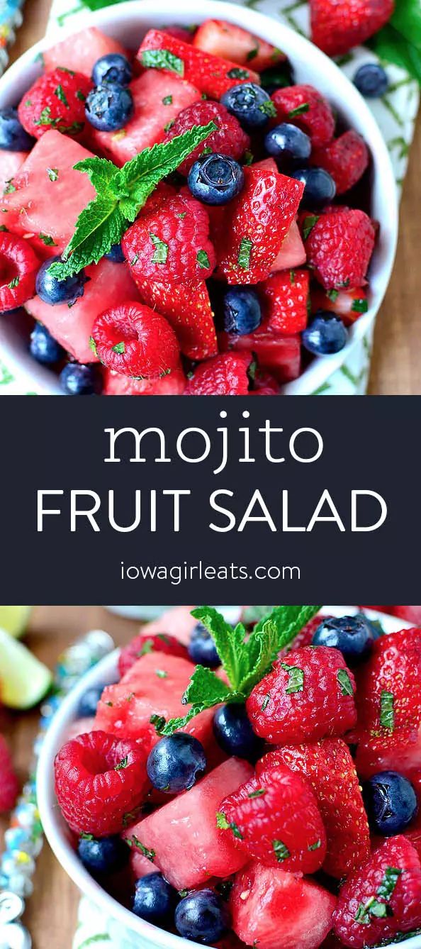 a bowl filled with fruit salad on top of a wooden table next to another bowl full of strawberries and blueberries