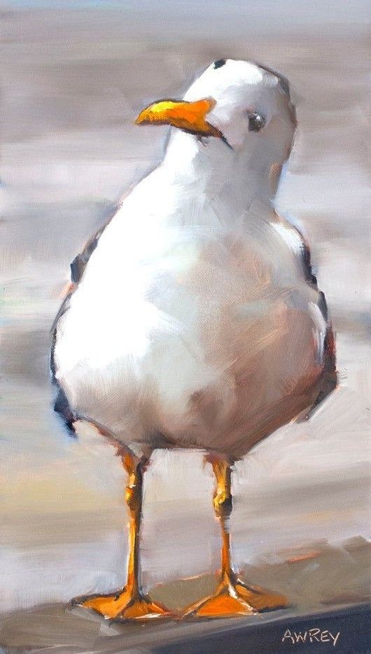 a painting of a seagull standing on the beach