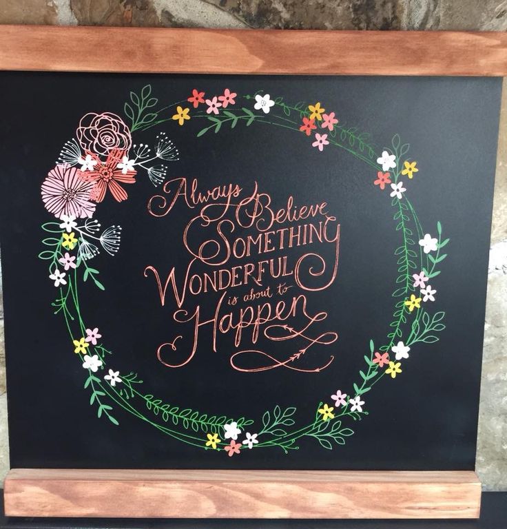 a chalkboard with flowers on it that says, always believe something wonderful is coming to happen