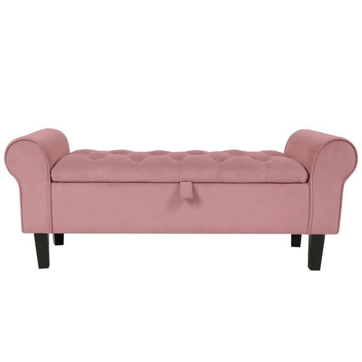 a pink bench with black legs and tufted upholstered back, on a white background