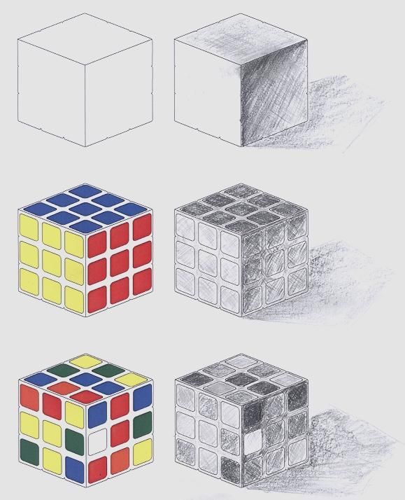 four different colored cubes are shown in this drawing technique, and one is drawn with pencil