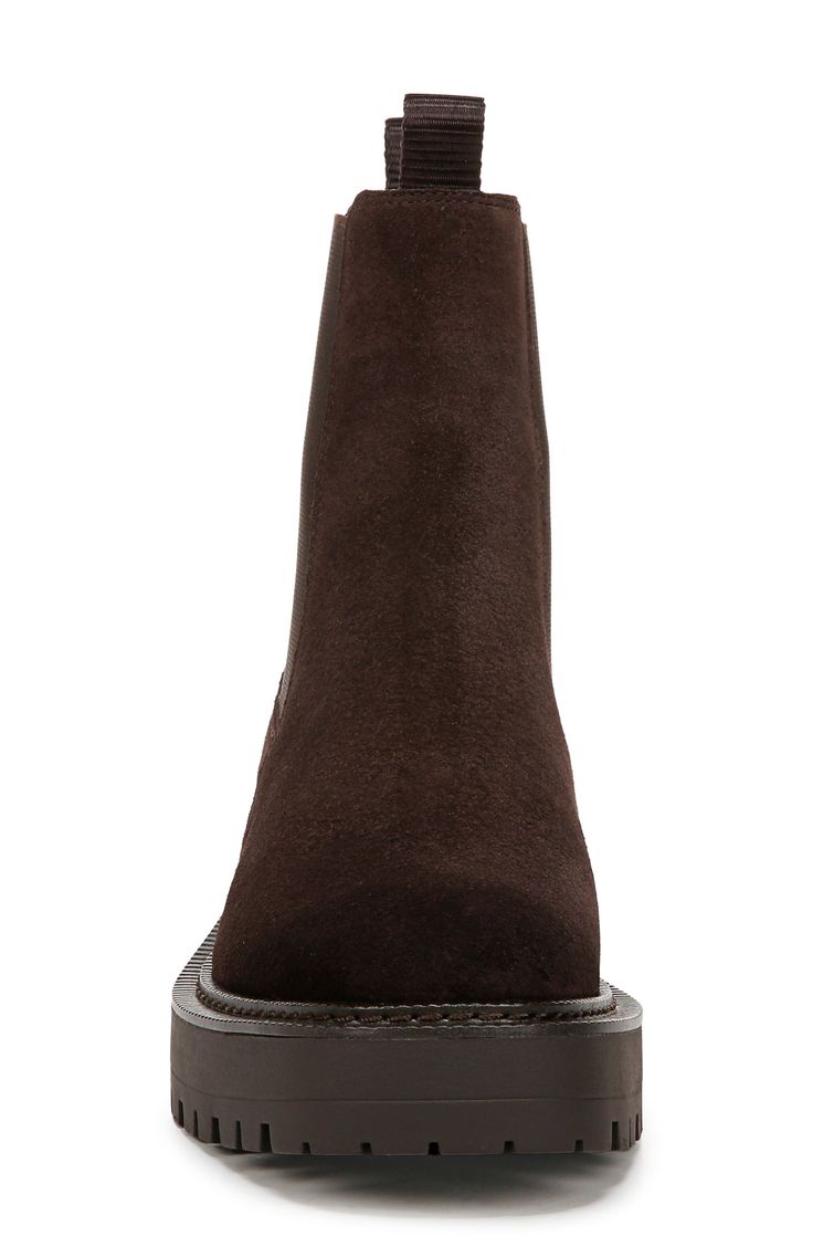 Dual pull-tabs and goring insets offer easy wear and classic elements to a versatile Chelsea boot grounded by a subtle platform and durable lug sole. 1 1/2" heel 6 1/2" shaft Pull-on style with elastic gore insets Leather and textile upper/synthetic lining and sole Imported Dark Brown Ankle Boots, Chelsea Boot Women, Platform Chelsea Boots, Brown Chelsea Boots, Brown Ankle Boots, Chelsea Boot, Lug Sole, Easy Wear, Sam Edelman