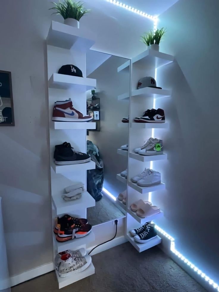 a room with some shelves and shoes in it