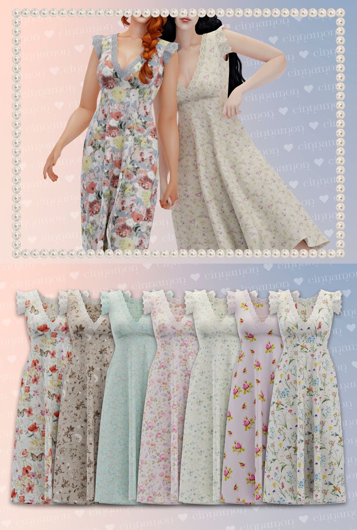 four different styles of dresses with flowers on them, all in various colors and sizes