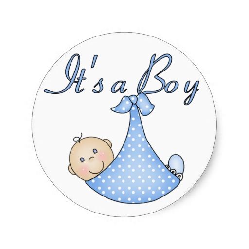 it's a boy sticker with a baby in a blue blanket on it