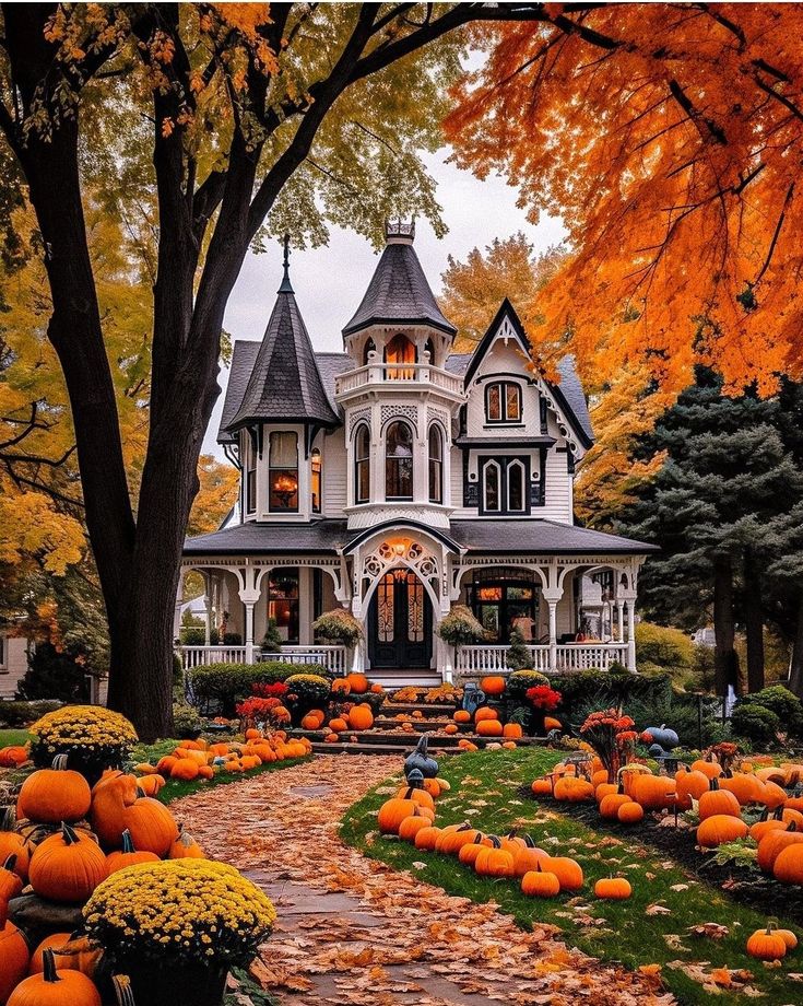 a large house with lots of pumpkins in the front yard and trees around it