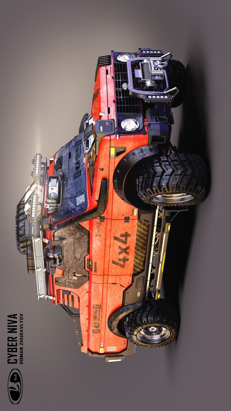 an orange and black vehicle with four tires on it's back end is shown from above