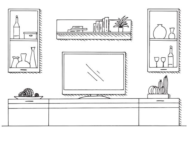 a black and white line drawing of a living room with shelves, bookshelves, vases and other items