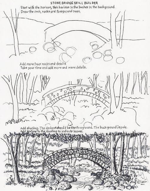 the instructions for how to draw a bridge in pencil and watercolor on white paper