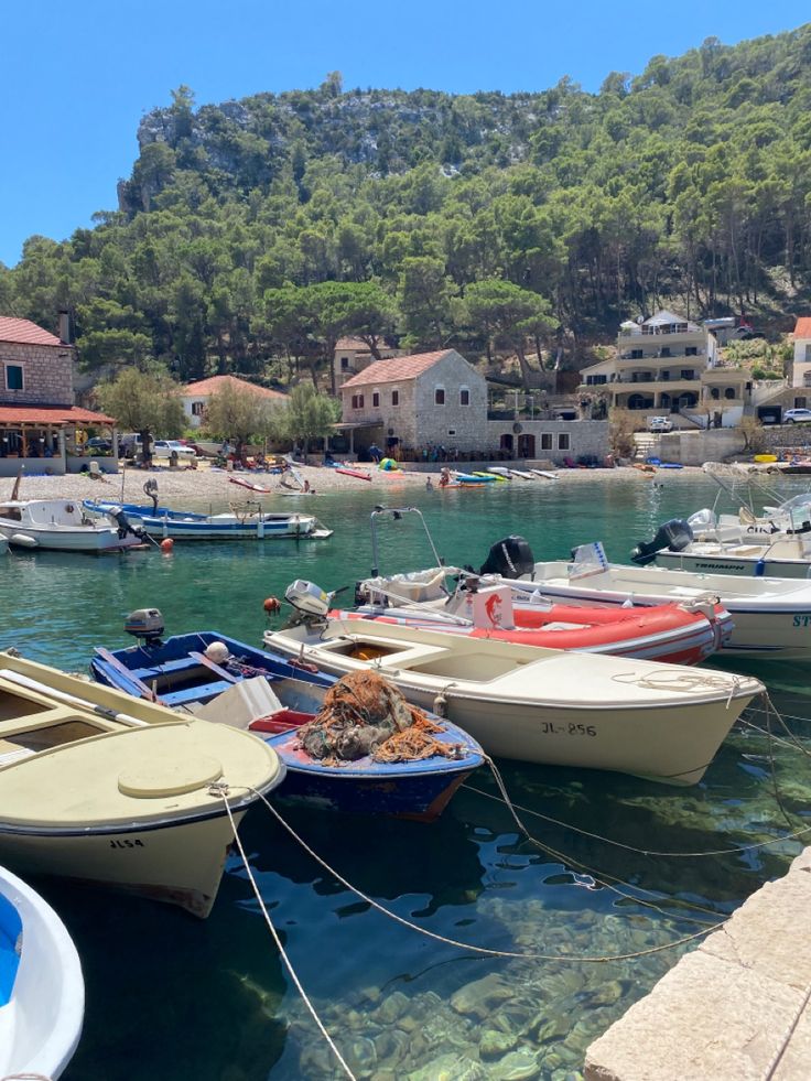 many small boats are tied up in the water near some buildings and trees on a hill