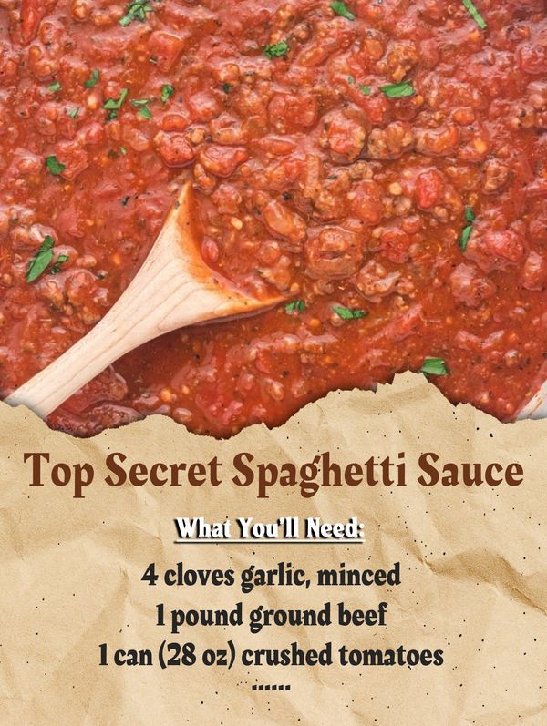 the recipe for top secret spaghetti sauce is shown in an advertisement with a wooden spoon