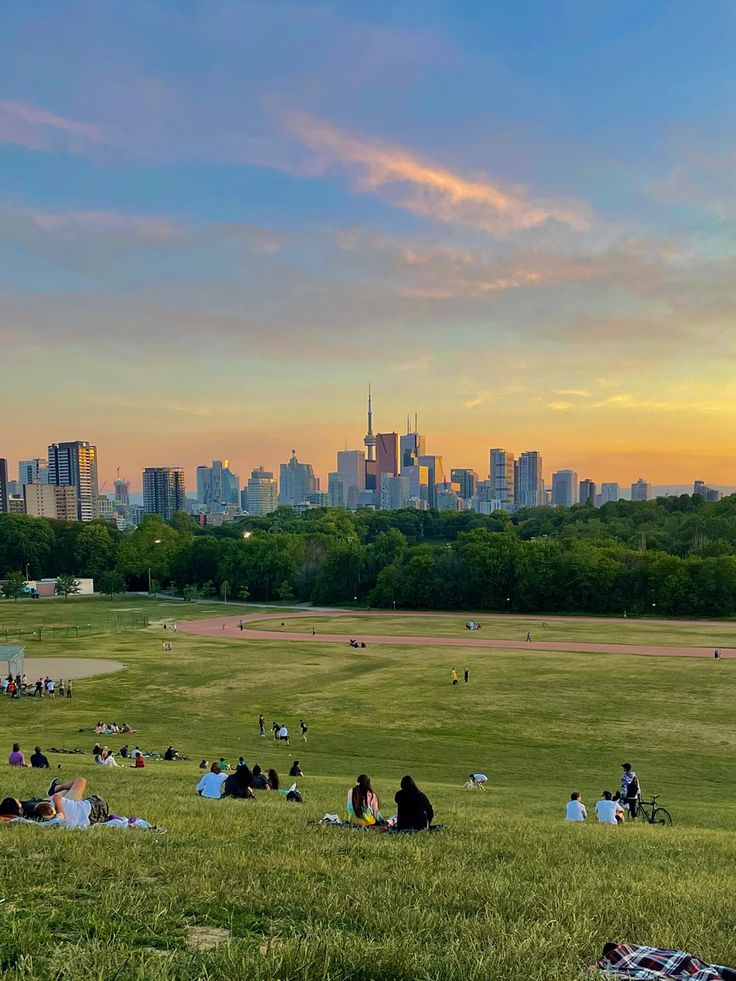 many people are laying in the grass on a sunny day with skyscrapers in the background