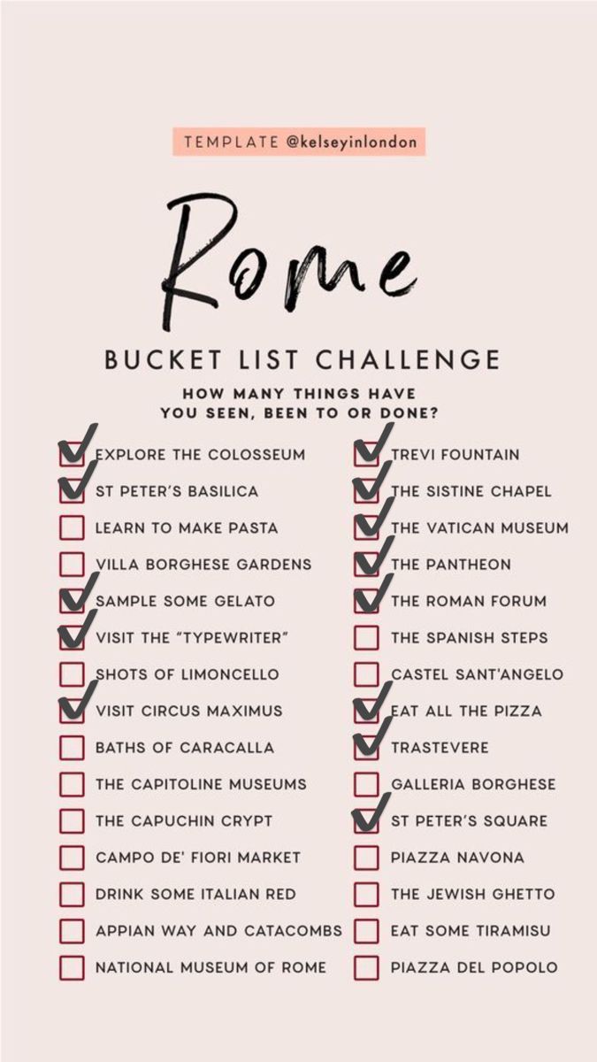 the rome bucket list is shown in red and black, with text that reads rome bucket list challenge