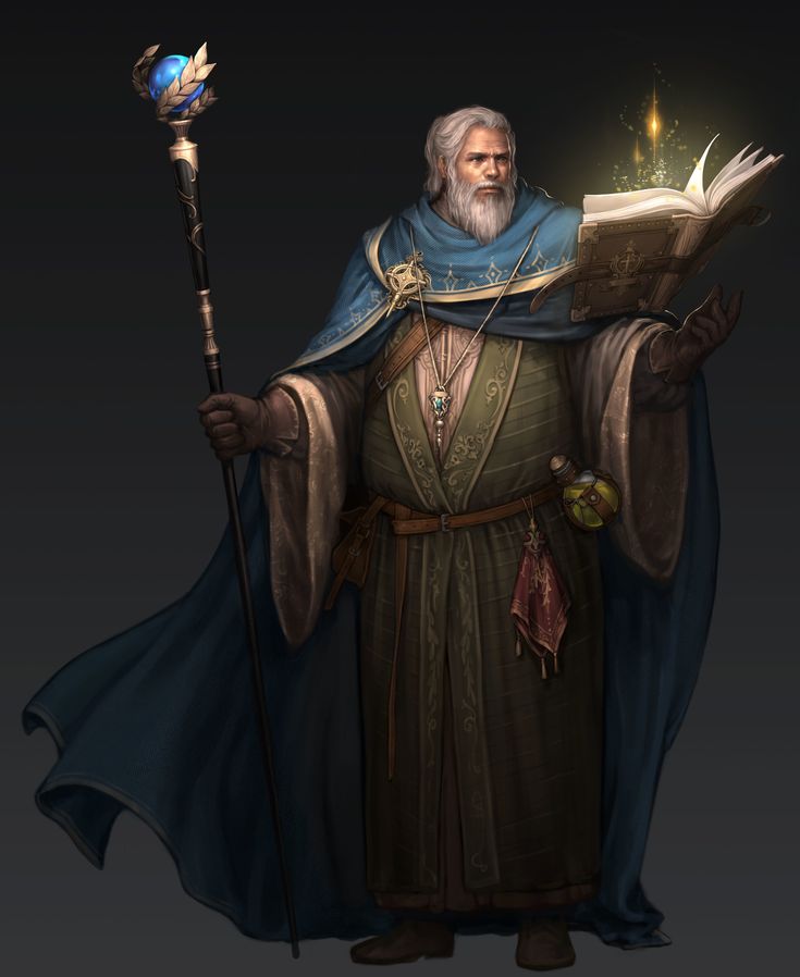 the wizard is holding an open book and staff