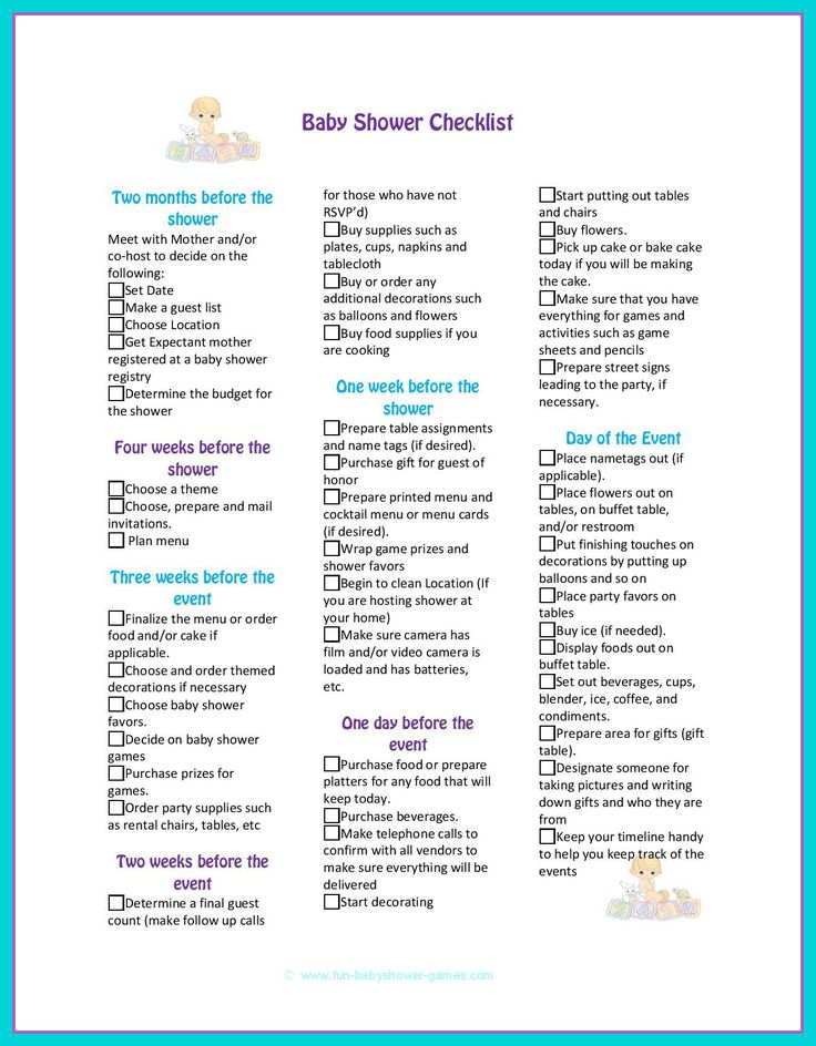 the baby shower checklist is shown in purple and blue, with an image of a teddy