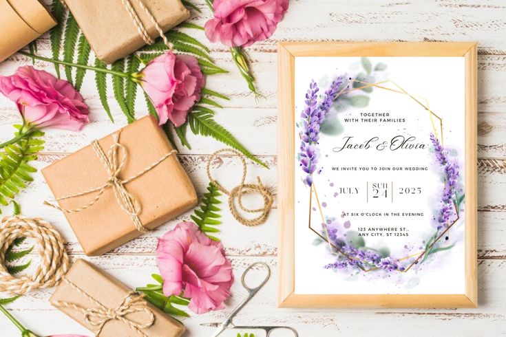 the wedding stationery is surrounded by flowers and gifts