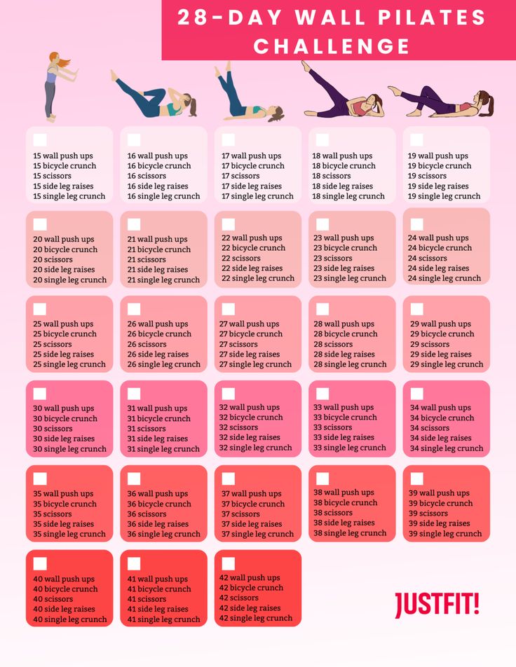 the 28 - day wall pilate challenge is shown in pink and red, with instructions for