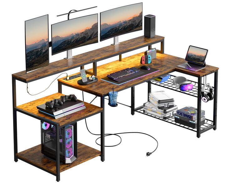 three computer desks with monitors and keyboards on top of each one, all in different positions